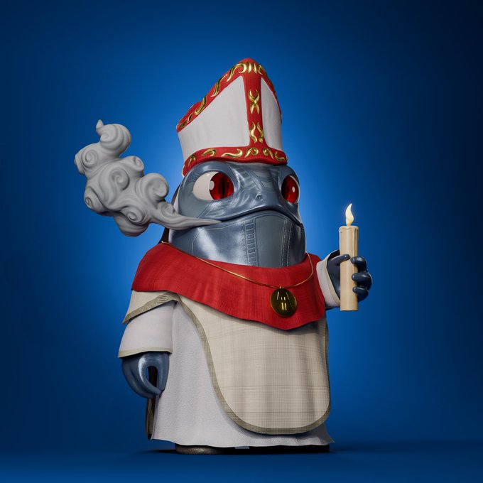 A 3D-rendered character with a metallic helmet, red bishop's hat, and white robes holds a lit candle against a blue background, with smoke curling from the side of its head.