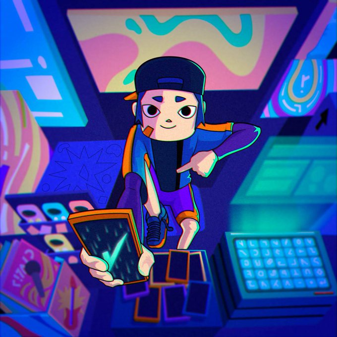 A stylized cartoon illustration of a young trader wearing a backwards cap and headphones, holding up a tablet displaying a green upward chart, set in a vibrant neon-lit trading environment with screens and keyboards.