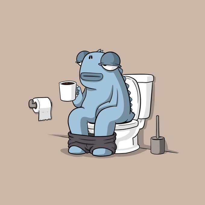 A cartoon illustration of a blue, dinosaur-like monster wearing underwear, sitting on a toilet while holding a mug of coffee, with a toilet paper roll and plunger nearby.
