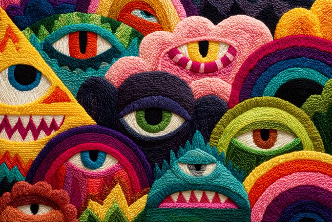 A vibrant, textured illustration featuring numerous colorful monster faces with single eyes, teeth, and rainbow-colored bodies, all rendered in an embroidered thread art style.