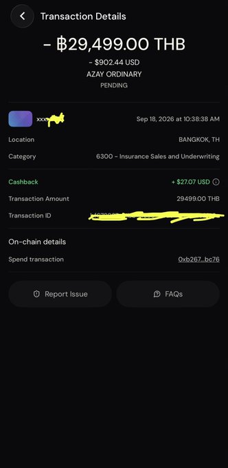 A transaction details screen showing a pending withdrawal of ฿29,499.00 THB (~$902.44 USD) categorized as 'AZAY ORDINARY PENDING' insurance sales and underwriting, located in Bangkok, TH, with a cashback of +$27.07 USD and an on-chain spend transaction ID.