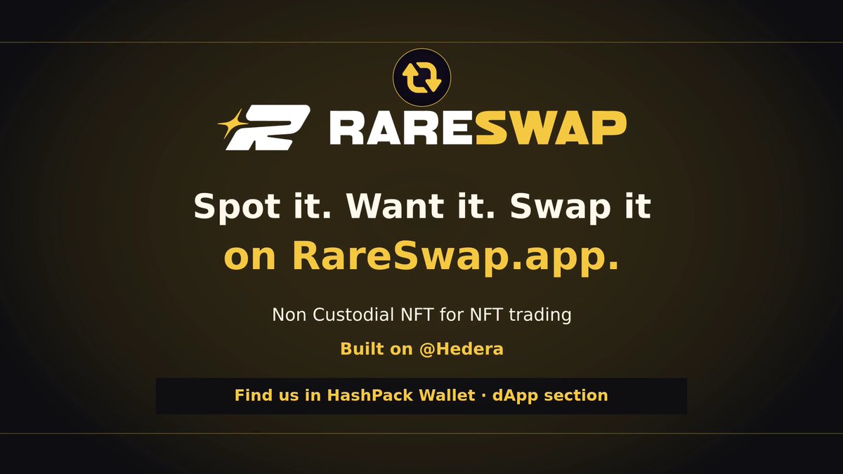 An advertisement for RareSwap featuring the tagline 'Spot it. Want it. Swap it on RareSwap.app. Non Custodial NFT for NFT trading Built on @Hedera' and directing users to find them in HashPack Wallet's dApp section.