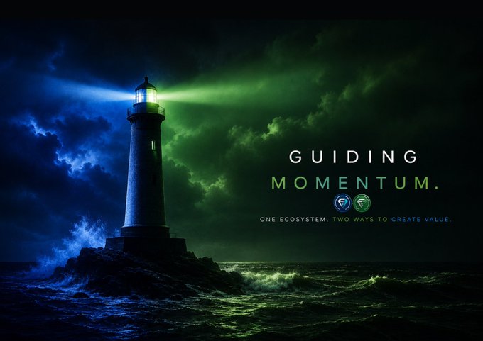 A promotional image featuring a lighthouse illuminating dark, stormy seas with green light, displaying the text 'GUIDING MOMENTUM. ONE ECOSYSTEM. TWO WAYS TO CREATE VALUE.'