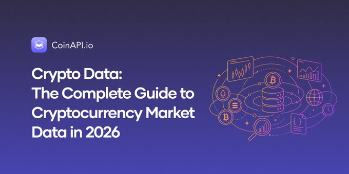 A guide banner from CoinAPI.io titled 'Crypto Data: The Complete Guide to Cryptocurrency Market Data in 2026' with an illustration of cryptocurrency data analytics featuring Bitcoin symbols and chart graphics.