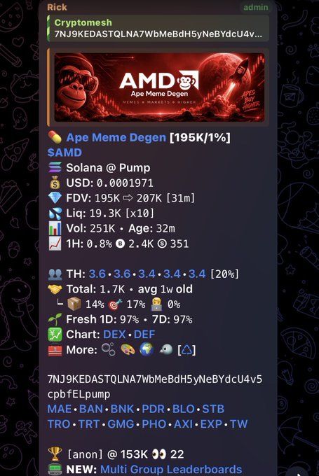 A Telegram post on the 'Rick' channel featuring 'Ape Meme Degen [195K/1%]' ($AMD) on Solana @ Pump, showing price, FDV, liquidity, and volume stats.