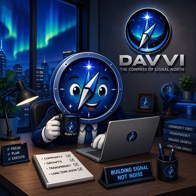 A digital illustration featuring a cartoon compass character in a suit holding a 'DAVVI' mug at a desk with a laptop, surrounded by branding reading 'DAVVI - THE COMPASS OF SIGNAL NORTH' and 'BUILDING SIGNAL NOT NOISE'.