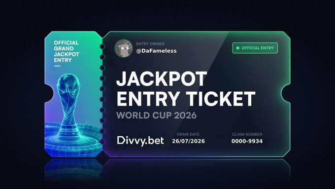 The image features a ticket for the World Cup 2016 that has been stacked before the event kicks off, with a blue and green design. The ticket includes a claim number of 26 009444 and a claim date of 28 July 2026. The post also mentions a wallet-native sportsbook on Solana, which is likely related to the World Cup.