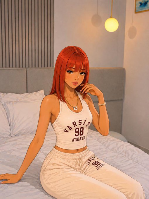 A digital illustration of a red-haired anime-style woman with bangs sitting on a bed, wearing a white crop top and sweatpants labeled 'VARSITY 98 ATHLETIC'.