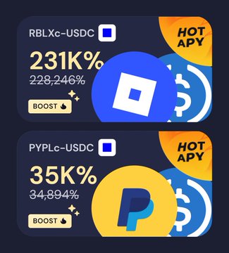 A promotional graphic shows crypto APY rates: 'RBLXc-USDC' at 231K% (228,246%) and 'PYPLc-USDC' at 35K% (34,894%), both marked with 'BOOST' and 'HOT APY' tags.