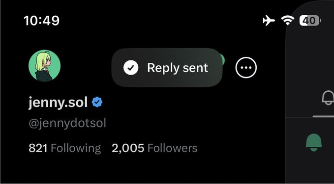 A "Reply sent" notification overlays a Twitter profile for verified user @jennydotsol, showing 821 Following and 2,005 Followers, celebrating her milestone of surpassing 2,000 followers.