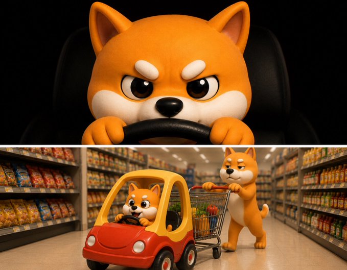 Two images of orange cartoon dog/shiba characters: one driving a car looking focused, and another scene showing them shopping in a supermarket with a toy car and shopping cart.