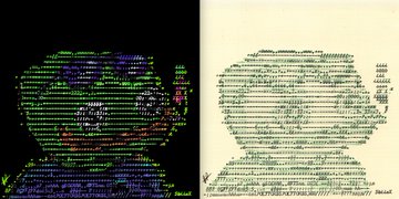 A side-by-side comparison showing colorful ASCII art on the left (likely rendered) and its corresponding text source code on the right.