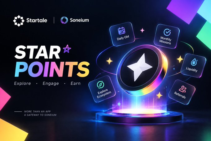 A promotional graphic for 'Startale' and 'Soneium' advertises 'STAR POINTS' with the tagline 'Explore · Engage · Earn', highlighting features like Daily GM, Monthly Missions, Liquidity, Explore Ecosystem, and Referrals.