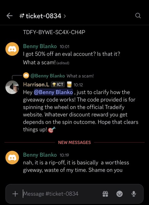 A Discord chat screenshot in the #ticket-0834 channel shows a customer named 'Benny Blanko' complaining about a '50% off an eval account' code as a scam, with a support agent 'Harrison.L' clarifying it is for spinning a wheel on the Tradeify website, followed by the customer calling it a 'worthless giveaway'.