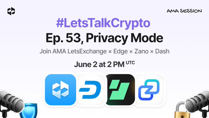 The image features a poster for an event called "Let's Talk Privacy" that took place at 2 PM on June 2nd, 2026. The poster includes a photo of a microphone with a lock attached to it, symbolizing privacy concerns. The poster also displays various logos and icons related to the topic of privacy, such as a lock, a microphone, and a blue "D". The event was organized by Edge Wallet, Edge X Change, and Dash Pay Hosts.