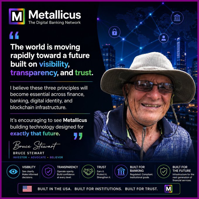 This is a promotional graphic for **Metallicus (The Digital Banking Network)** featuring an endorsement from **Bruce Stewart**, labeled as an "Investor • Advocate • Believer." The graphic highlights his quote about a future built on visibility, transparency, and trust, and showcases five key pillars: **Visibility, Transparency, Trust, Built for Banking, and Built for the Future**, with a tagline emphasizing it is "Built in the USA. Built for Institutions. Built for Trust."