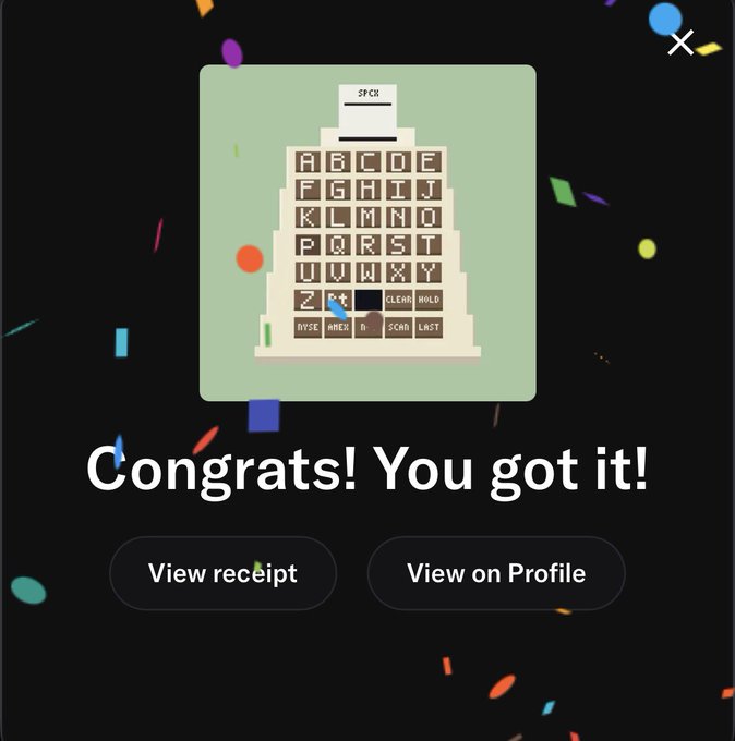 A Spotify Wrapped-style achievement screen showing a pixelated keyboard design with 'Congrats! You got it!' text and buttons to view receipt or profile.