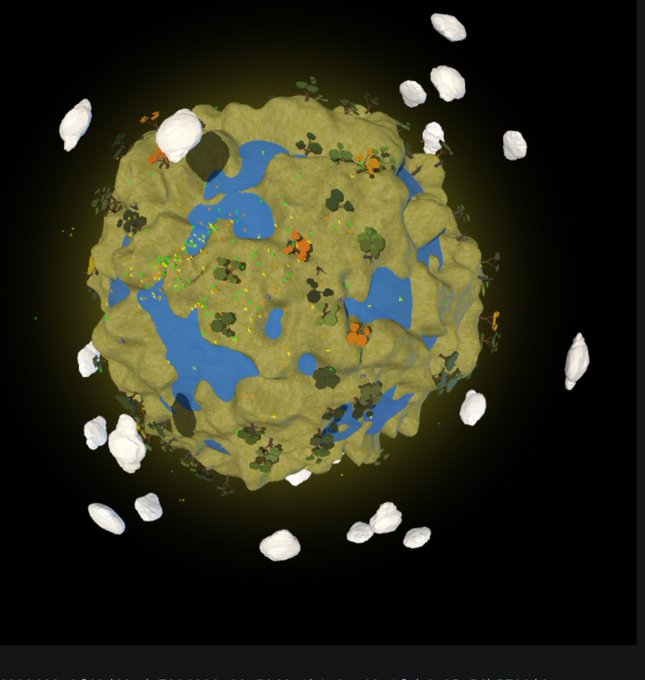 A small, spherical, cartoon-style 3D planet with green landmasses, blue water, and scattered clouds and rocks orbiting around it against a black background.