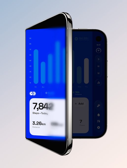 Two smartphones displaying fitness and productivity apps are shown in a 3D render, with the front device showing "7,842 Steps • Today" and "3.26km Distance" on a blue interface, while the back screen shows an inbox-like view with options like "Get 50+," "+ Add," and "7 Done," likely representing GO Club's all-in-one activity and task-tracking interface mentioned in the caption.
