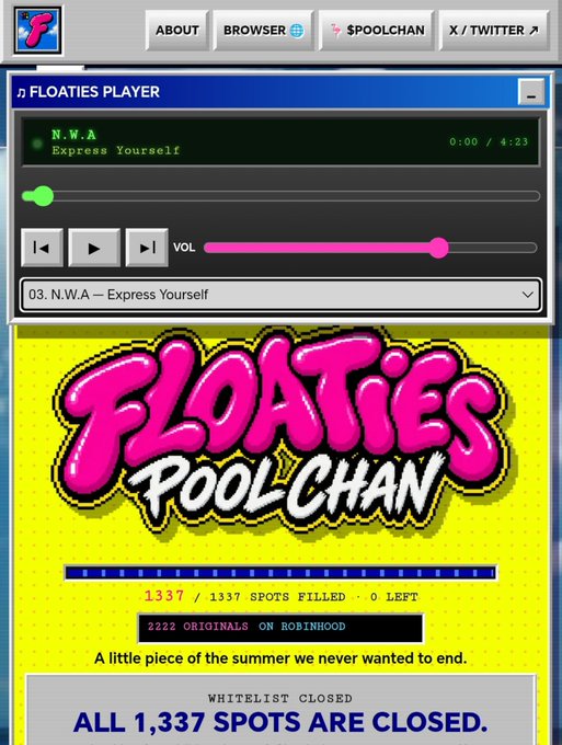 A screenshot of the Floaties Player on poolchan.xyz playing "03. N.W.A - Express Yourself," matching the post about flexing with N.W.A on the Floaties Pool Club platform, which shows all 1,337 spots filled and the whitelist closed.