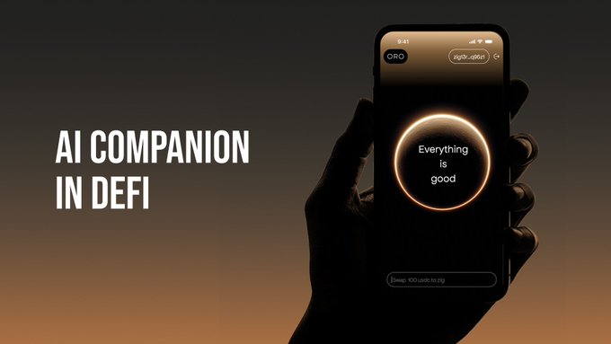 The image features a hand holding an iPhone with a message displayed on its screen that says "AI COMPANION IN DEFI Everything in Good". The background of the image is a gradient of orange, which complements the black silhouette of the person's hand holding the phone.