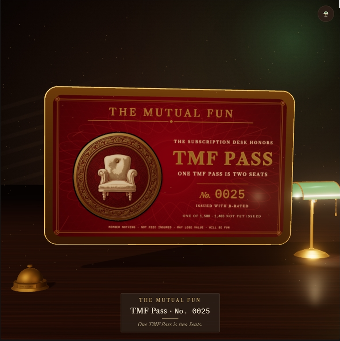 A digital graphic of a red and gold "THE MUTUAL FUN" subscription pass (No. 0025) with text "ONE TMF PASS IS TWO SEATS" displayed on a wooden surface next to a green lamp.