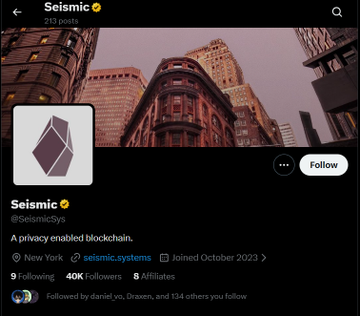 A Twitter profile screenshot for 'Seismic' (@SeismicSys), described as 'A privacy enabled blockchain,' with 9 Following, 40K Followers, 8 Affiliates, located in New York, joined October 2023.