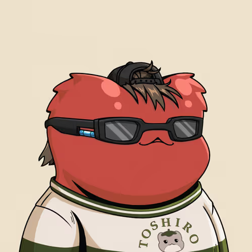 A cartoon red bird-like character wearing sunglasses and a baseball cap, dressed in a white and green shirt that reads "TOSHIRO" with a small bear logo.