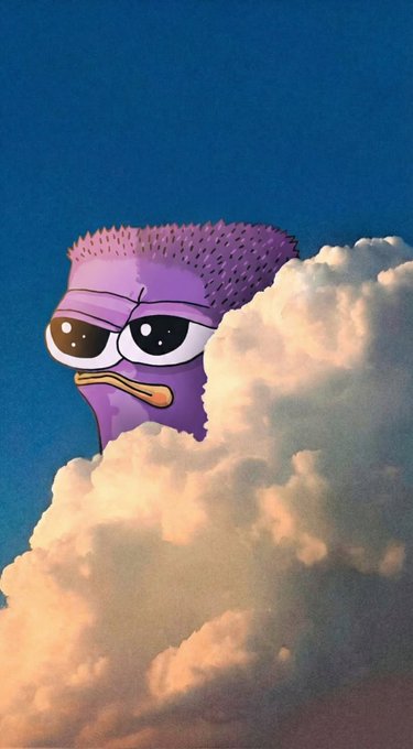 A digital illustration of a purple bird-like character with a mohawk and large eyes emerging from clouds against a blue sky background.