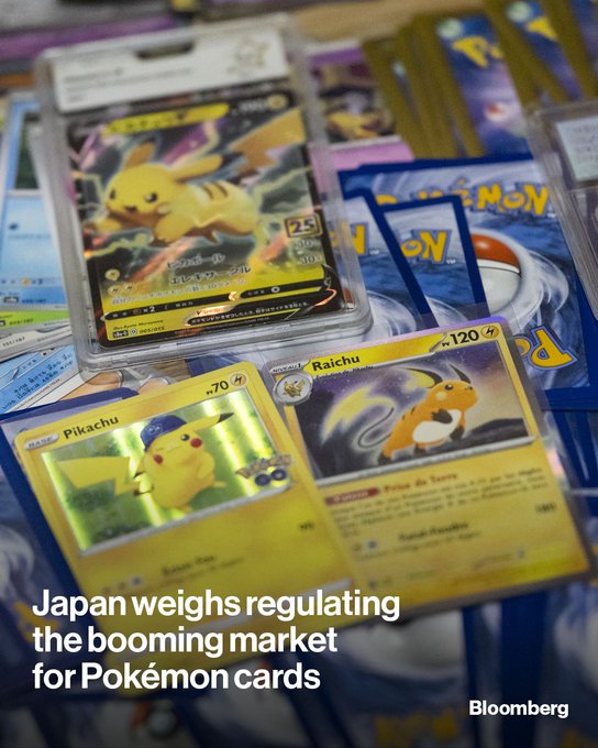 The image shows various Pokémon trading cards, including Pikachu and Raichu, displayed in protective sleeves, with text overlay reading "Japan weighs regulating the booming market for Pokémon cards" by Bloomberg. The caption about technological innovation humorously alludes to the irony of physical collectibles being valued despite digital alternatives, or perhaps suggests using technology (like blockchain/NFTs) to authenticate and regulate the booming Pokémon card market that Japan is considering overseeing.