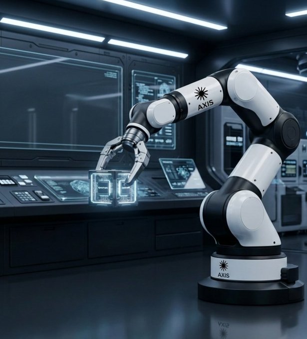 robotic arm labeled 'AXIS' in a futuristic control room setting.