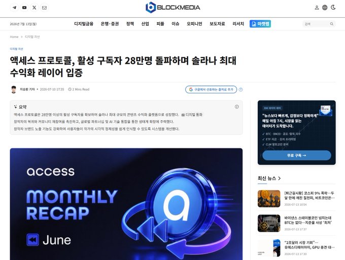 The image shows a Korean-language article from BlockMedia, a cryptocurrency news outlet, with the headline highlighting that Access Protocol surpassed Solana in active users, attracting 280,000 subscribers and achieving its highest revenue ever. The post thanks BlockMedia for featuring Access Protocol's monthly recap and promoting it to Korean audiences, which aligns with the article's coverage of Access Protocol's growth in Korea's blockchain community.