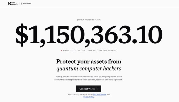 A screenshot from the btcdirect network showing 'QUANTUM PROTECTED VALUE' of $1,150,363.10 across 23,127 wallets, promoting quantum computer hacker protection via Wallet of Satoshi.