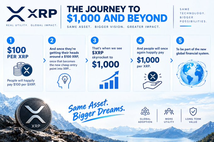 An infographic titled 'THE JOURNEY TO $1,000 AND BEYOND' outlines a five-step prediction for XRP cryptocurrency, including text like '$100 PER XRP', 'skyrocket to $1,000', and 'SAME TECHNOLOGY. BIGGER POSSIBILITIES.'