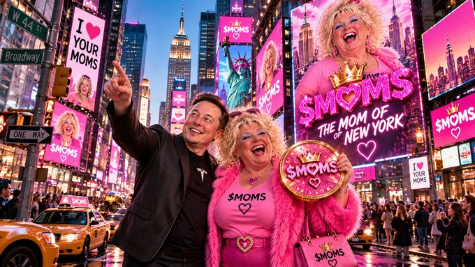A vibrant AI-generated image of Elon Musk in Times Square alongside a person wearing a pink 'SMOMS' shirt, with billboards advertising 'SMOMS THE MOM OF NEW YORK' and 'I ❤️ YOUR MOMS'.