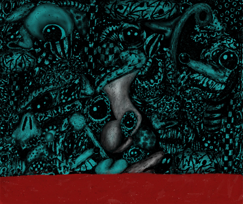 A dark, surreal illustration filled with grotesque faces, eyes, and monstrous creatures rendered in teal and black tones, with a red border at the bottom.