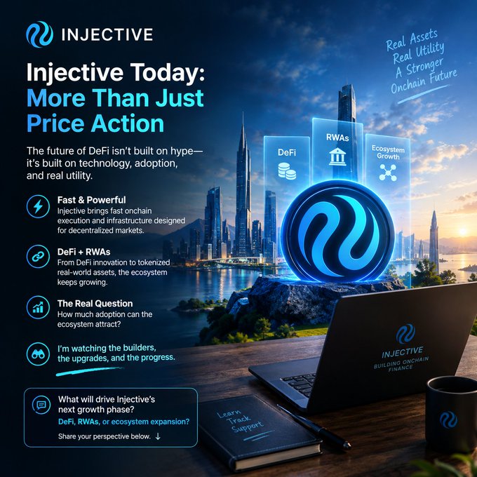Injective promotional graphic titled 'Injective Today: More Than Just Price Action,' highlighting DeFi, RWAs, and Ecosystem Growth with a tagline 'Real Assets, Real Utility, A Stronger Onchain Future.'