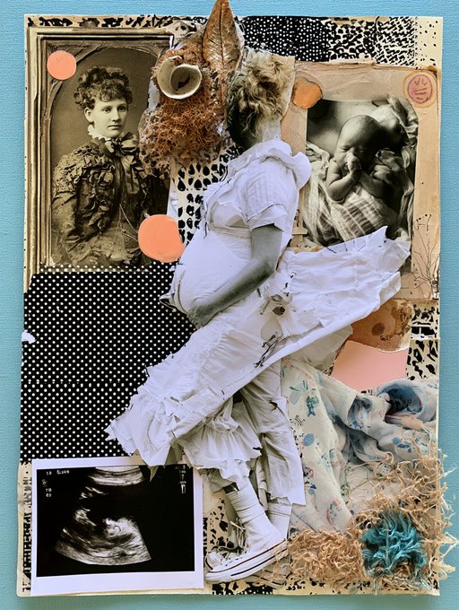 An artistic collage features vintage photographs, fabric swatches, leopard print, polka dots, and a cutout of a child in a white dress and bunny ears lying amid the mixed-media elements.