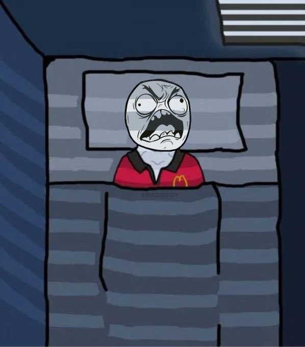 The image shows the classic Rage Guy meme—a pale, wide-eyed character with a contorted, screaming face and gritted teeth, wearing a red McDonald's-style uniform with a yellow "M"—lying in bed with a horrified, panicked expression. The "RAGEGUY" watermark and the post's mention of "$RAGEGUY mode" directly tie the image to the meme as a symbol of extreme digital frustration, illustrating the climax of stress when things spiral out of control.