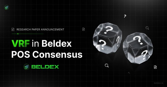 A dark promotional banner announces 'RESEARCH PAPER ANNOUNCEMENT' with the title 'VRF in Beldex POS Consensus' in green and white text, featuring the Beldex logo and two dodecahedron dice marked with question marks.