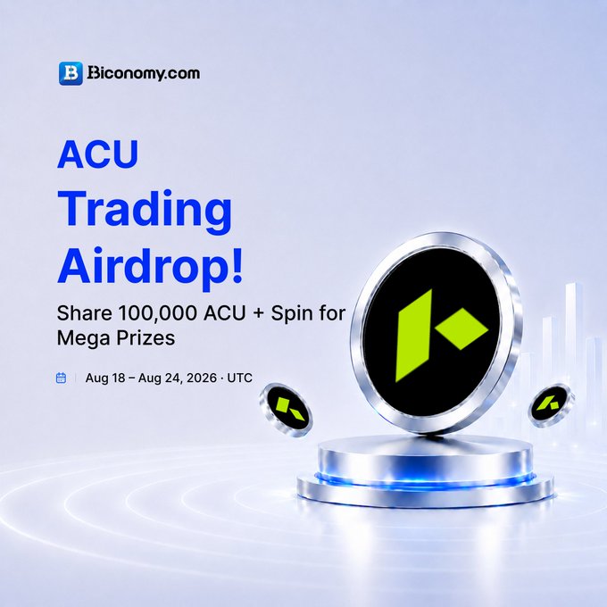 A promotional graphic for 'Biconomy.com' advertising an 'ACU Trading Airdrop!' to share 100,000 ACU from Aug 18 - Aug 24, 2026 UTC, featuring a 3D green logo.