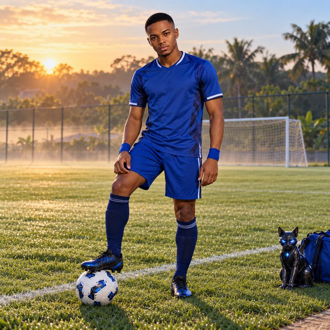 A young soccer player in a blue uniform stands on a grassy field with a soccer ball at his feet, accompanied by a robotic cat and sports bag, with palm trees and a sunset in the background.