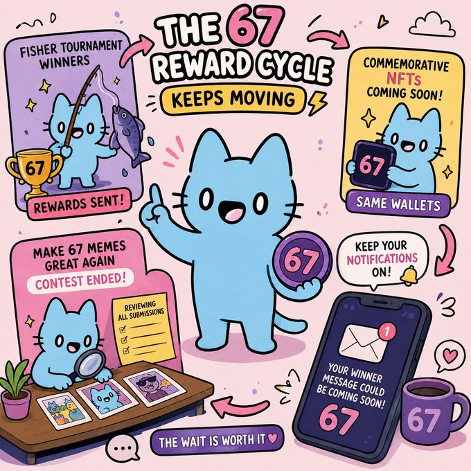 A pink-themed cartoon featuring a blue cat character surrounded by panels for 'THE 67 REWARD CYCLE KEEPS MOVING', including 'FISHER TOURNAMENT WINNERS', 'COMMEMORATIVE NFTs COMING SOON!', 'MAKE 67 MEMES GREAT AGAIN CONTEST ENDED!', and a phone showing 'YOUR WINNER MESSAGE COULD BE COMING SOON!'.