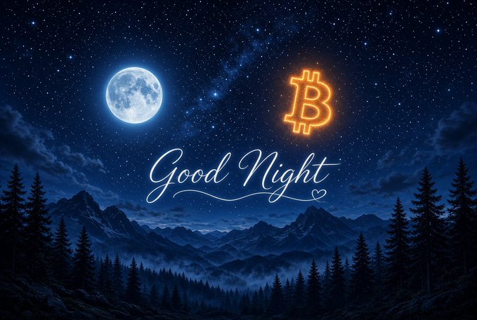 A nighttime landscape illustration featuring a full moon and a glowing orange Bitcoin symbol above mountains and a forest, with the text 'Good Night' written in the sky.