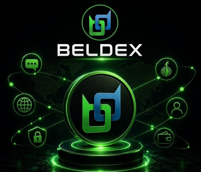 Promotional graphic for BELDEX featuring a central green and blue logo on a glowing pedestal, surrounded by icons representing chat, global network, security, onion routing, user identity, and wallet against a dark world map background.