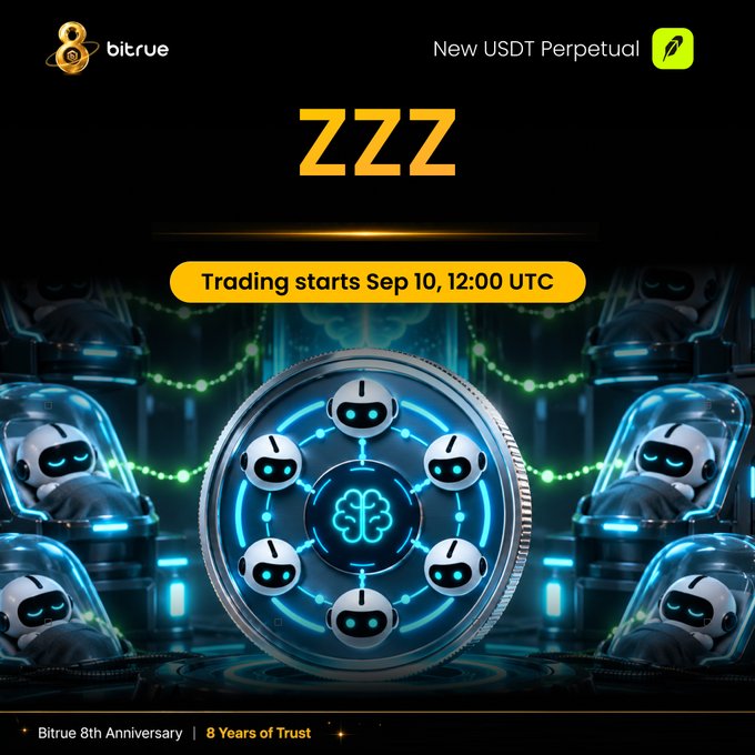 A promotional graphic for Bitrue's 8th Anniversary featuring the new ZZZ USDT Perpetual contract, with a robot-themed coin illustration and a launch banner announcing trading starts September 10 at 12:00 UTC.