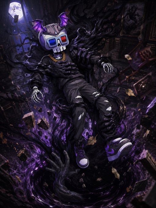 Dark fantasy illustration of a skeletal character wearing 3D glasses and purple bat-like ears, floating among purple-black tendrils and debris in a moonlit gothic setting.