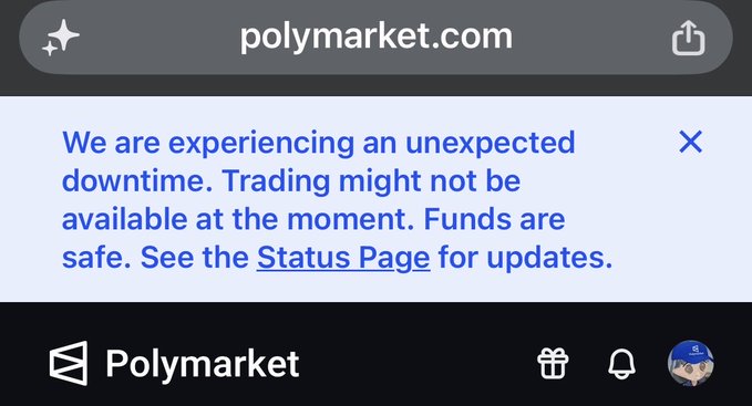 A mobile screenshot of polymarket.com displaying a downtime notice stating "We are experiencing an unexpected downtime. Trading might not be available at the moment."