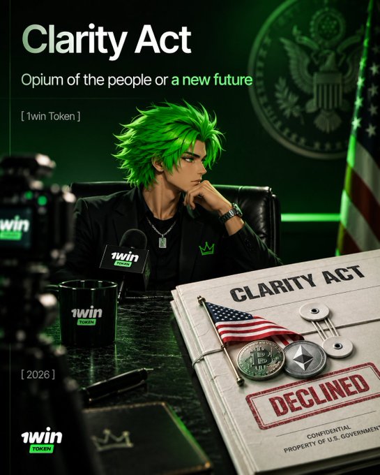 A '1win TOKEN' promotional graphic titled 'Clarity Act: Opium of the people or a new future' featuring an anime-style green-haired character at a desk with a 'DECLINED' stamped document.