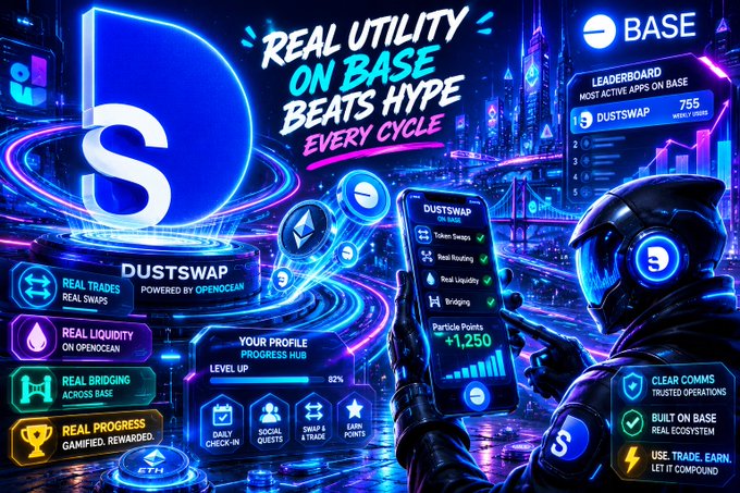 A futuristic cyberpunk-style promotional graphic for Dustswap on Base features a masked, futuristic figure holding a smartphone displaying the app interface with "Token Swaps," "Real Routing," and "Real Liquidity" checkmarks, set against a neon blue cityscape with a large "B" (Base logo) and the tagline "Real Utility on Base Beats Hype Every Cycle." Visible elements include a leaderboard showing Dustswap at #1 with 755 weekly points, feature highlights for real trades/swaps, liquidity, bridging, and gamified progress, plus a user profile showing level-up progress at 82% with stats like 1,250 Particle Points—visually reinforcing the post's message that Dustswap is a functional DeFi tool powered by OpenOcean rather than a hype-driven points farm.